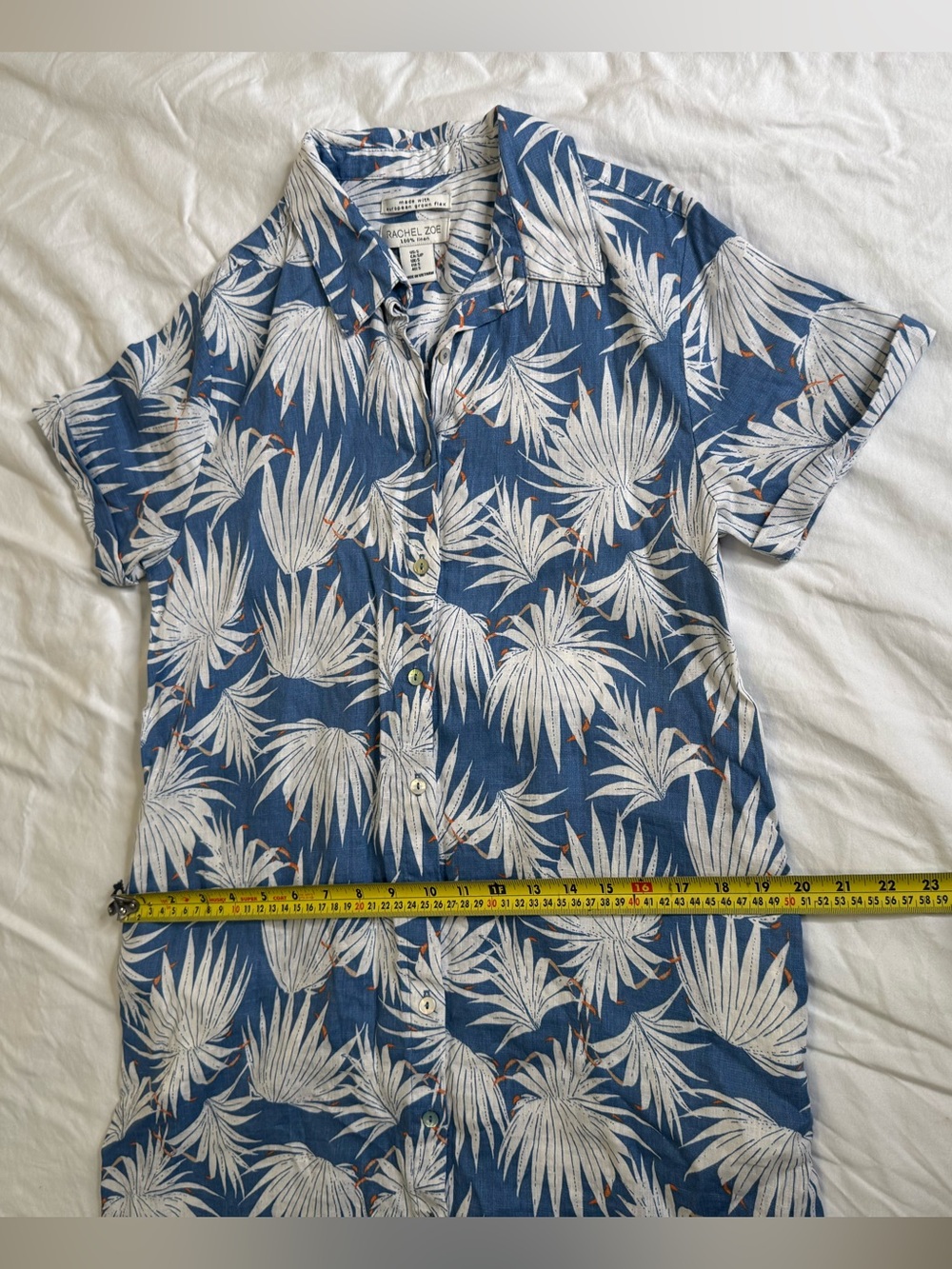 Rachel Zoe 100% Linen Palm Leaf Shirt Dress Coastal Resort Vacation Blue Small - Picture 10 of 10
